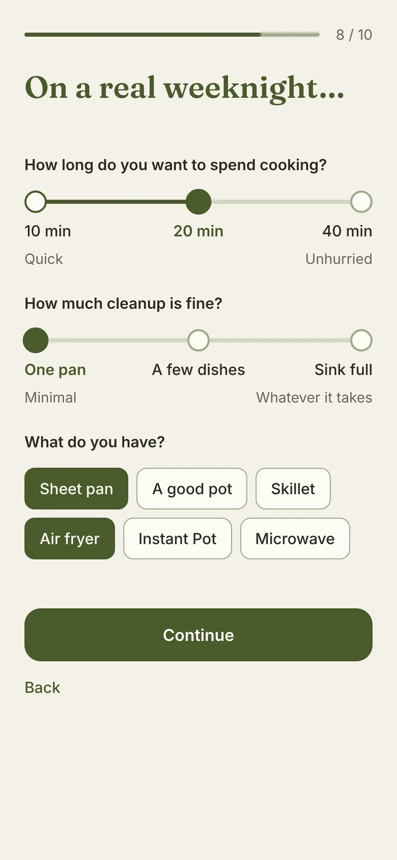 Onboarding question: how long you want to spend cooking, shown as a spectrum from 10 to 40 minutes.